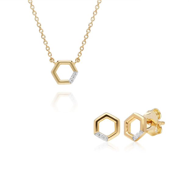 Collier et Boucles d'Oreilles Clou Pavé Diamant Hexagone Or Jaune 375 Diamant