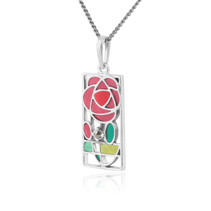 Collier Style Rennie Mackintosh Argent 925 Marcassite Rond et Email