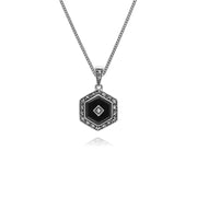 Argent Sterling Noir Onyx et Marcassite Hexagone 45cm Collier