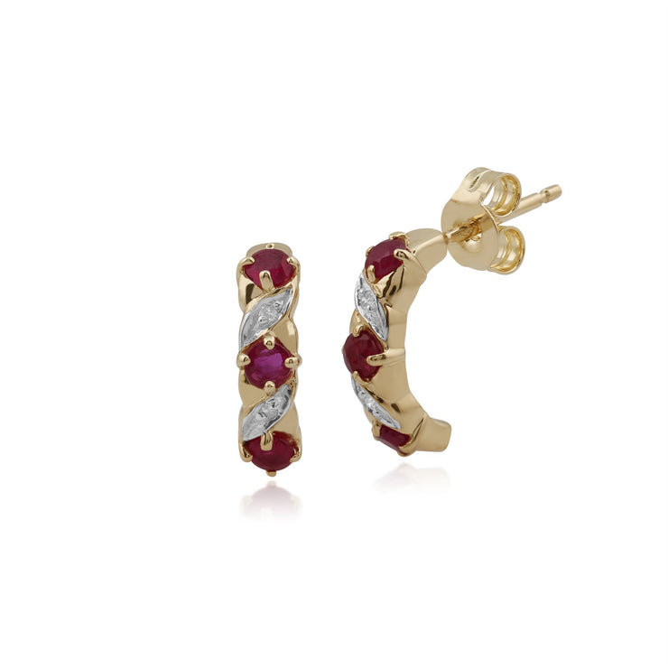 Boucles d'Oreilles Demi Créoles Classique Or Jaune 375 Rubis Rond et Diamant