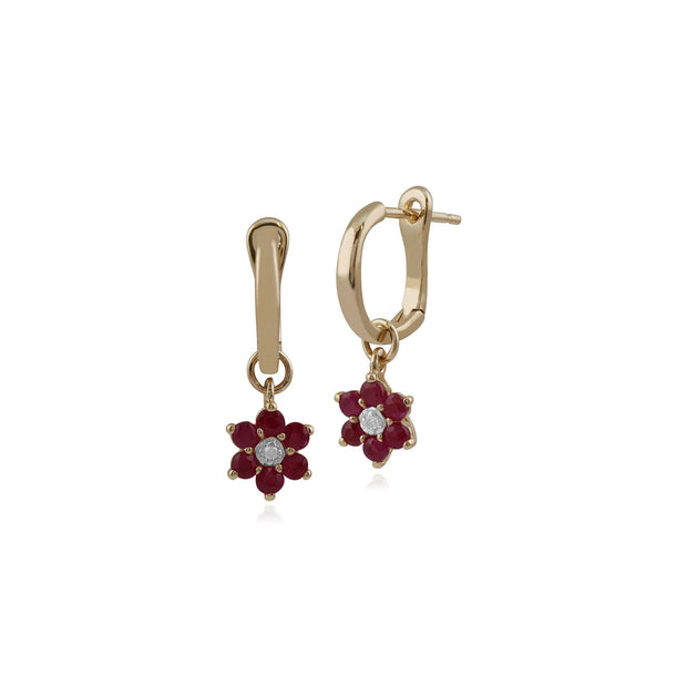 Boucles d'Oreilles Dormeuses Florale Or Jaune 375 Rubis Rond et Diamant