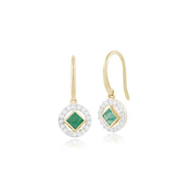 Boucles d'Oreilles Pendantes Classique Or Jaune 375 Emeraude Carrée et Diamant Style Halo