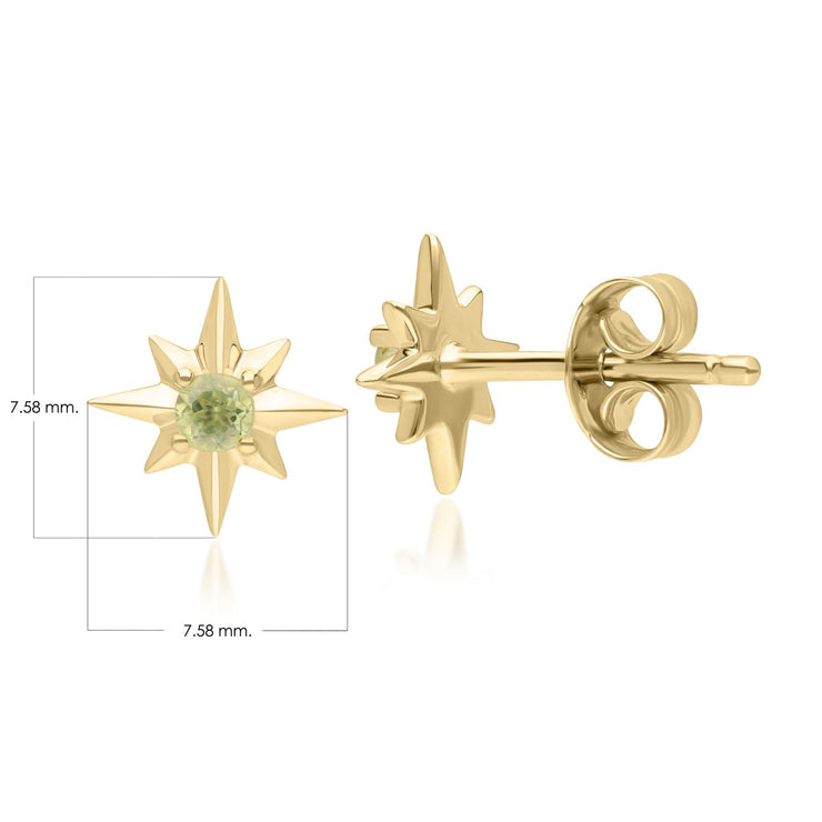 Boucles d'Oreilles Clou Etoile Night Sky en Or Jaune 9 Carats avec Péridot