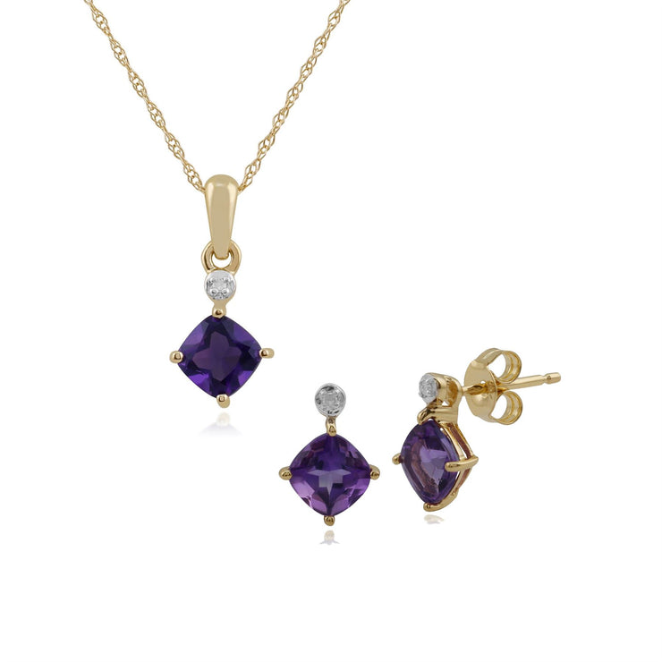 Pendentif et Boucles d'Oreilles Clou Classique Or Jaune 375 Améthyste Coussin et Diamant
