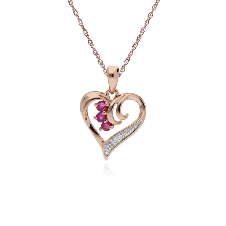 Rubis Collier, 9 CT or Rose 0.13ct Rubis & Diamant Coeur Pendentif sur 45cm Chaîne