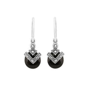 Pendentif et Boucles d'Oreilles Pendantes Style Art Déco Argent 925 Onyx Noir Cabochon et Marcassite