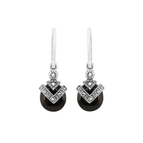 Pendentif et Boucles d'Oreilles Pendantes Style Art Déco Argent 925 Onyx Noir Cabochon et Marcassite