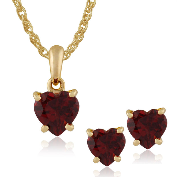 Pendentif et Boucles d'Oreilles Clou Cœur Classique Or Jaune 375 Grenat