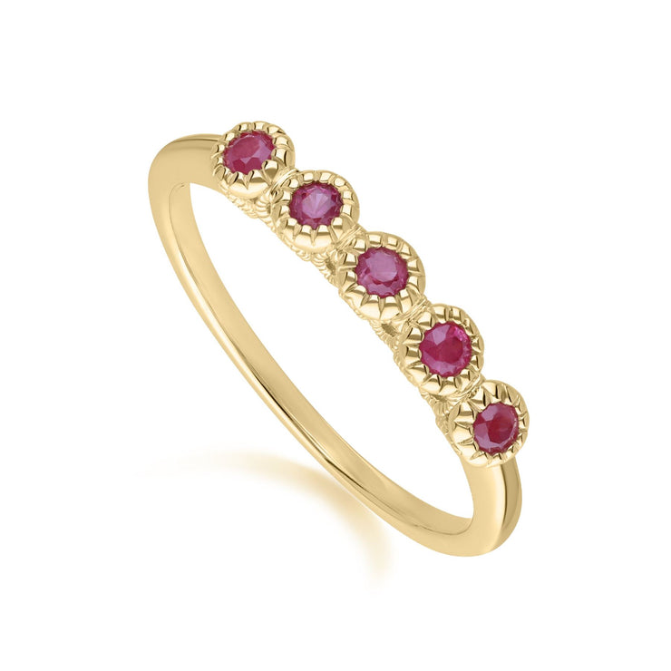 Bague Demi-Eternité Cinq Pierres Or Jaune 9ct et Rubis Ronds