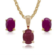 Pendentif et Boucles d'Oreilles Clou Classique Or Jaune 375 Rubis Oval