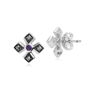 Boucles d'Oreilles Clou Croix Gothique Style Art Déco Argent 925 Améthyste et Marcassite