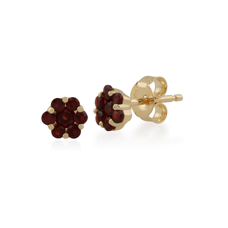 Boucles d'Oreilles Clou Floral Or Jaune 375 Grenat Style Cluster