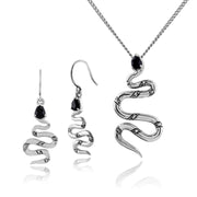 Collier et Boucles d'Oreilles Pendantes Serpent Style Art Nouveau Argent 925 Spinelle Noire Poire et Marcassite