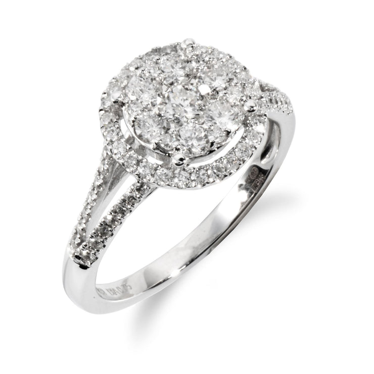 Gemondo 18ct Or Blanc 0.75ct Jarret Fendu Diamant Auréole Bague Grappe