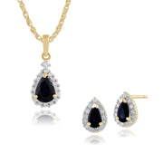 Pendentif et Boucles d'Oreilles Clou Classique Or Jaune 375 Saphir Poire et Diamant Halo