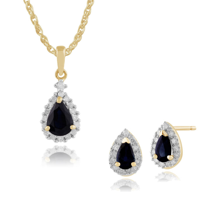 Pendentif et Boucles d'Oreilles Clou Classique Or Jaune 375 Saphir Poire et Diamant Halo
