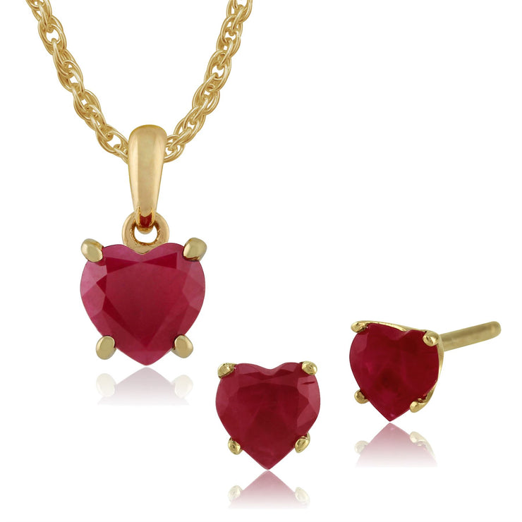 Pendentif et Boucles d'Oreilles Clou Cœur Classique Or Jaune 375 Rubis