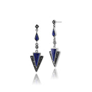Boucles d'Oreilles Pendantes Style Art Déco Argent 925 Lapis Lazuli Triangle et Marcassite
