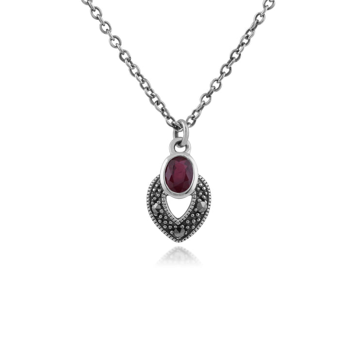 Collier et Boucles d'Oreilles Clou Style Art Déco Argent 925 Rubis Oval et Marcassite