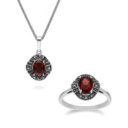 Pendentif et Bague Style Art Déco Argent 925 Grenat et Marcassite Cluster Oval