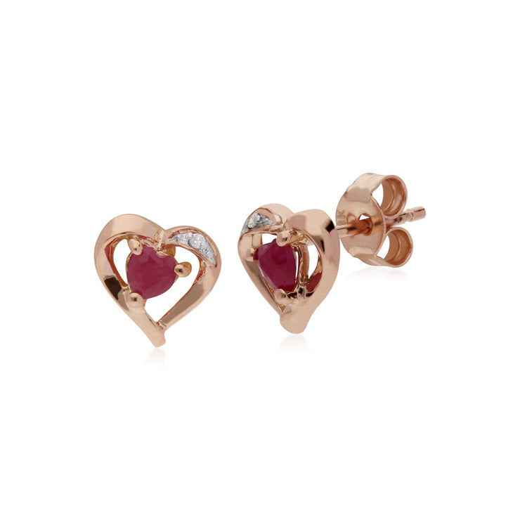 Rubis Boucles D'Oreilles, 9 CT or Rose Naturel Rubis & Diamant Boucles D'Oreilles Puces Coeur