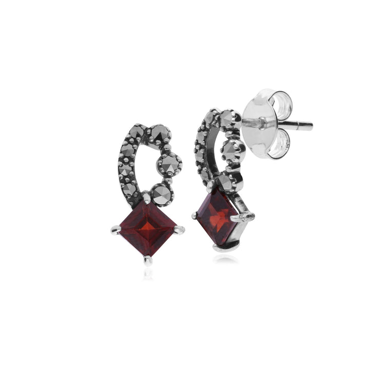 Boucles d'Oreilles Clou Style Art Nouveau Argent 925 Grenat Carré et Marcassite