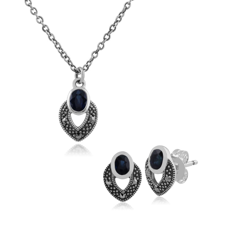 Collier et Boucles d'Oreilles Clou Style Art Déco Argent 925 Saphir Oval et Marcassite