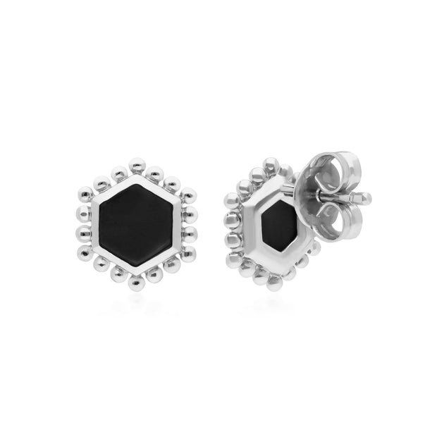 Boucles d'Oreilles Clou Flat Slice Hexagone Argent 925 Onyx