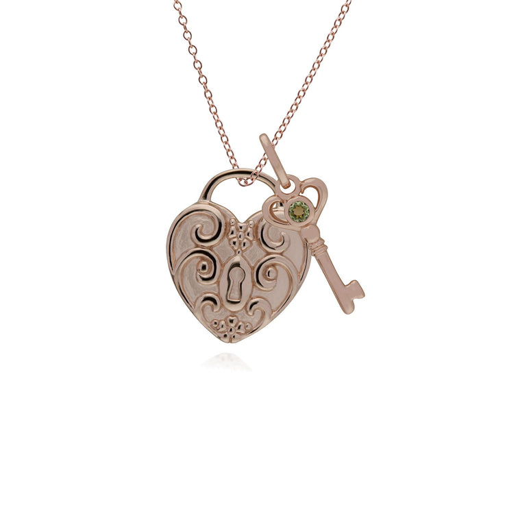 Pendentif Classique Cadenas Cœur Torsadé Argent 925 Plaqué Or Rose et Charms Clé Péridot