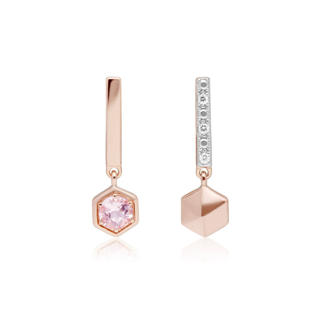 Boucles d'Oreilles Mini Pendantes Asymétriques Or Rose 375 Morganite et Diamant