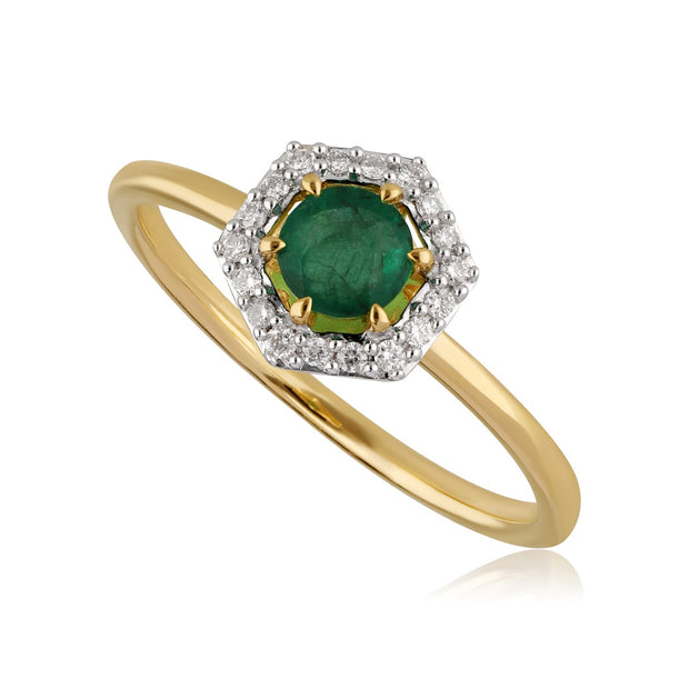 Bague Fiançailles Halo Or Jaune 750 Emeraude 0,38ct et Diamant