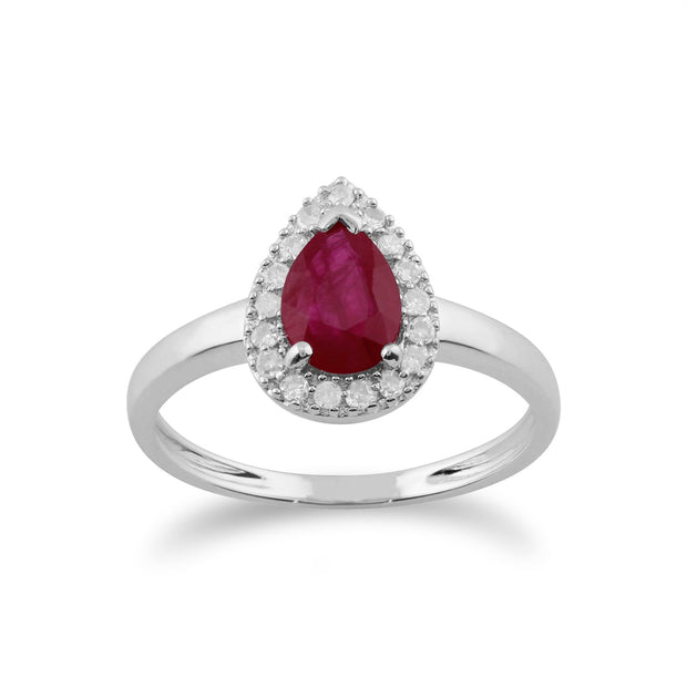 Bague Classique Or Blanc 375 Rubis Poire et Diamand halo