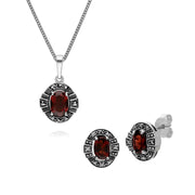 Pendentif et Boucles d'Oreilles Clou Style Art Déco Argent 925 Grenat et Marcassite Cluster Oval