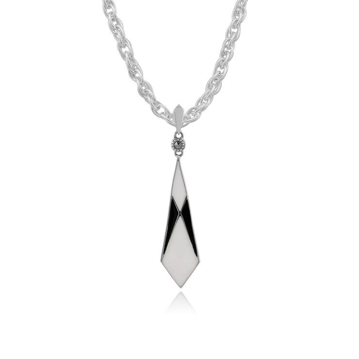 Pendentif et Boucles d'Oreilles Pendantes Eventail Style Art Déco Argent 925 Email Noir et Blanc