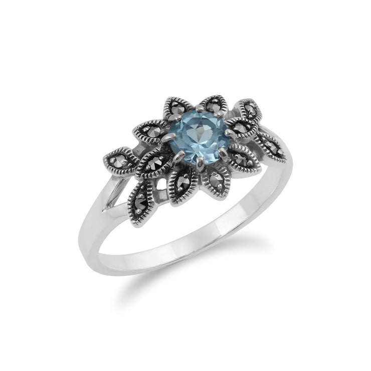 Gemondo Marcassite Bague, en Argent Sterling 925 Floral Art Nouveau Topaze Bleu & Marcassite Bague