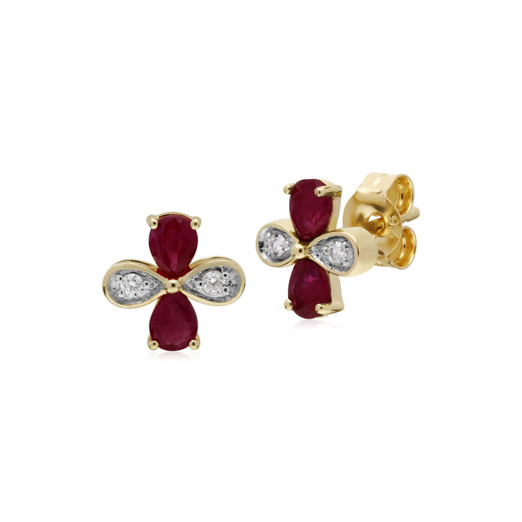 Rubis Boucles D'Oreilles, 9 CT Rubis or Jaune & Diamant Floral Boucles D'Oreilles