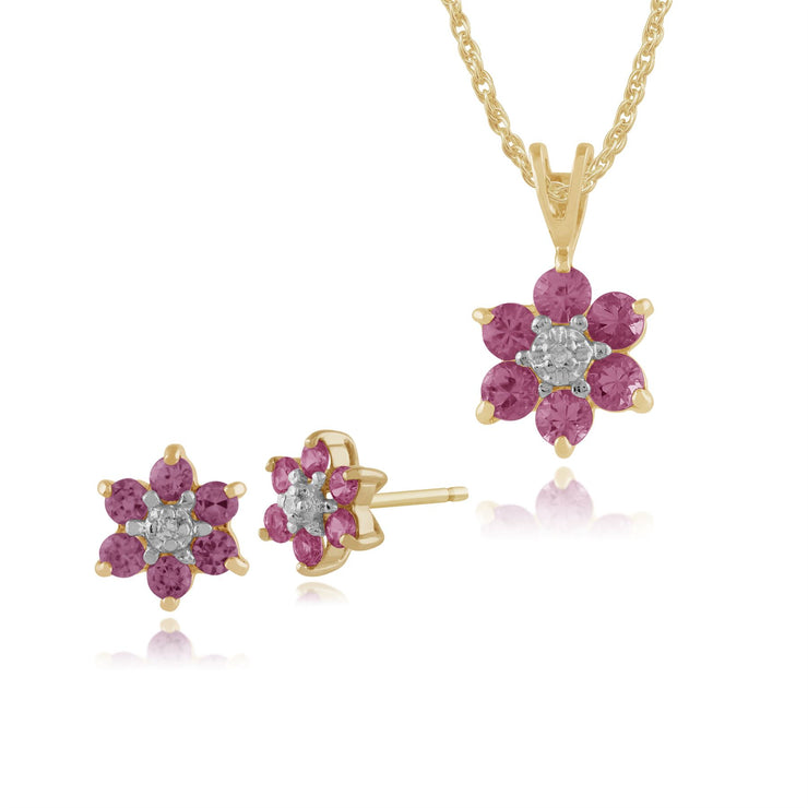 Pendentif et Boucles d'Oreilles Clou Floral Or Jaune 375 Saphir Rose et Diamant