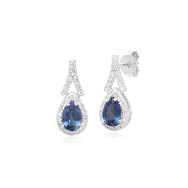 Boucles d'Oreilles Larme Pendantes Or Blanc 375 Saphir Bleu et Diamant