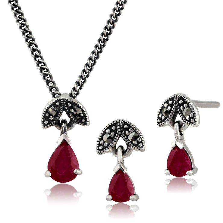 Collier et Boucles d'Oreilles Feuilles Pendantes Style Art Déco Argent 925 Rubis Poire et Marcassite