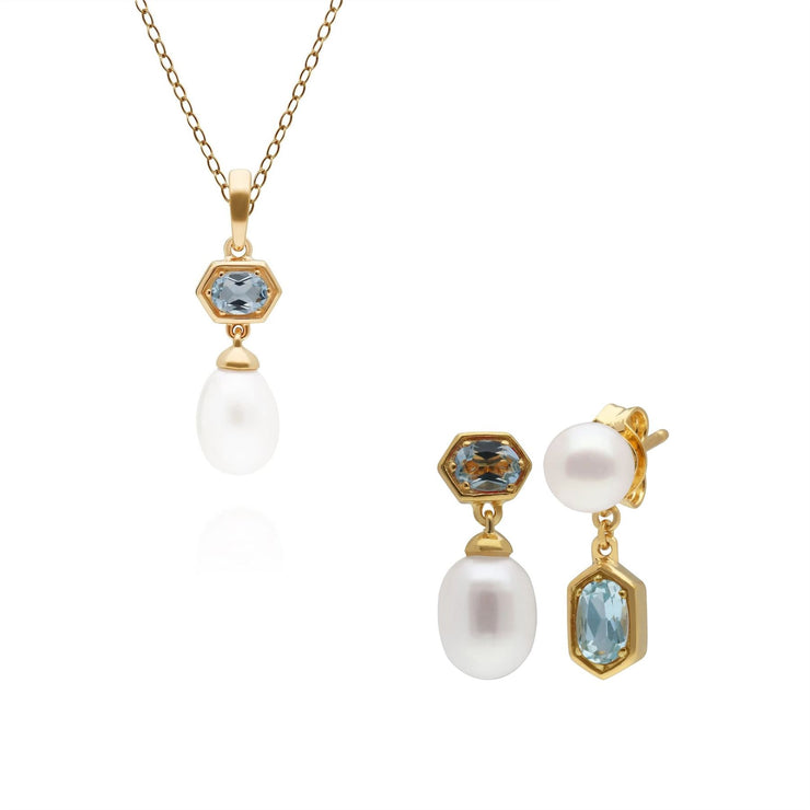 Boucles d'Oreilles et Pendentif Perle Moderne Argent 925 Plaqué Or Topaze Bleue