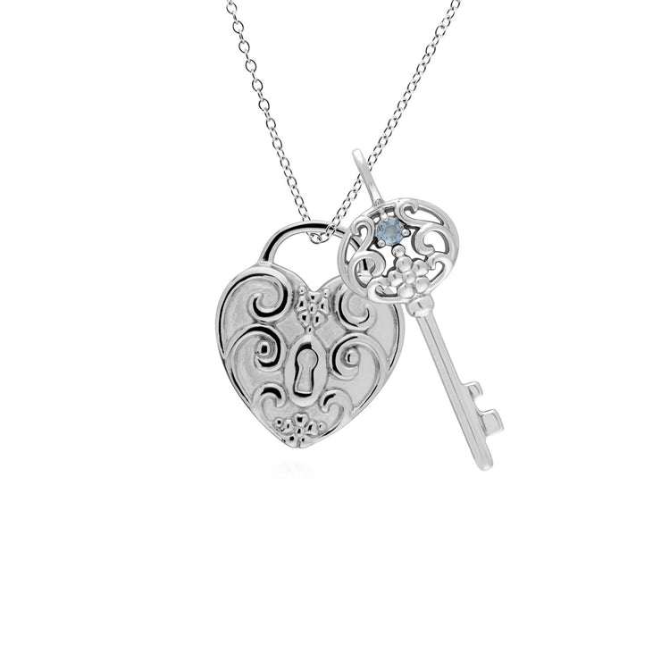 Pendentif Classique Cadenas Cœur Torsadé Argent 925 et Charms Grande Clé Aigue-Marine