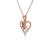 Rubis Collier, 9 CT or Rose 0.13ct Rubis & Diamant Coeur Pendentif sur 45cm Chaîne