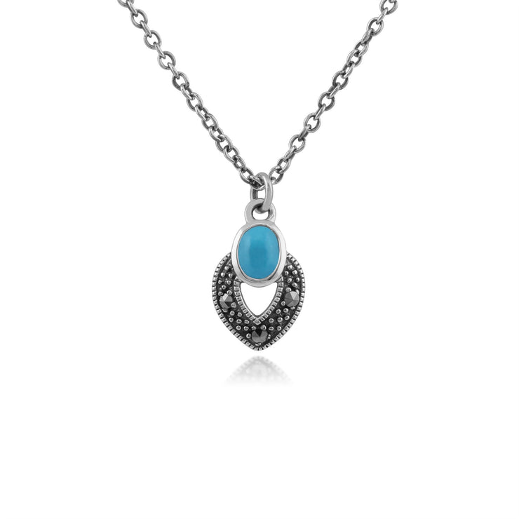 Collier et Boucles d'Oreilles Clou Style Art Déco Argent 925 Turquoise Ovale et Marcassite