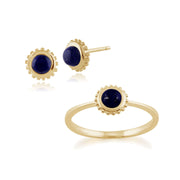 Boucles d'Oreilles Clou et Bague Solitaire Classique Or Jaune 375 Lapis Lazuli Ronde