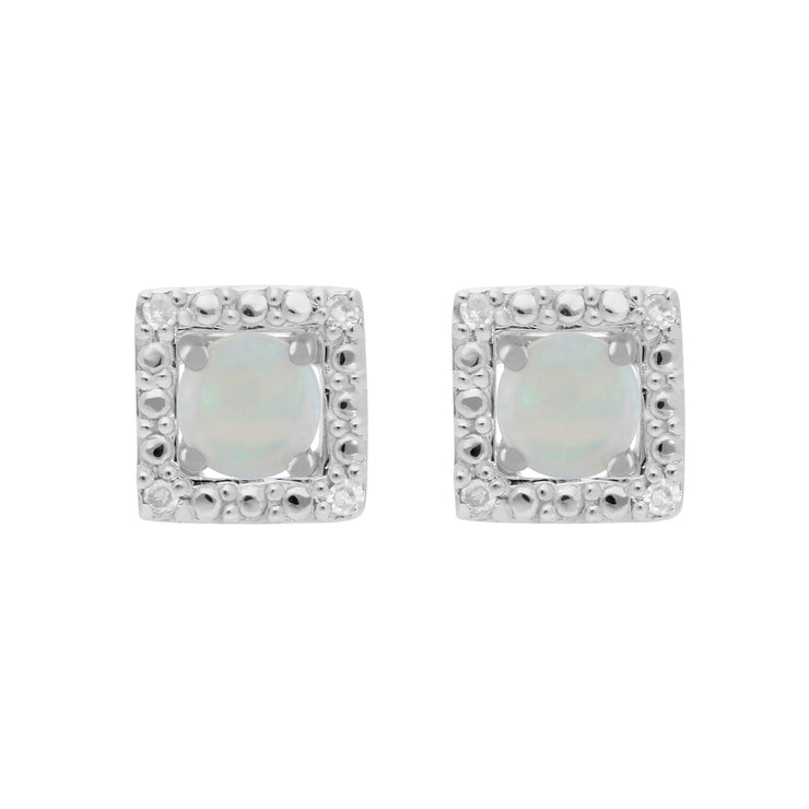 Boucles d'Oreilles Clou Opale Classique Or Blanc 375 et Ear-Jacket Carré Diamant