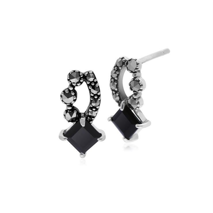 Boucles d'Oreilles Clou Style Art Nouveau Argent 925 Onyx Noire Carré et Marcassite