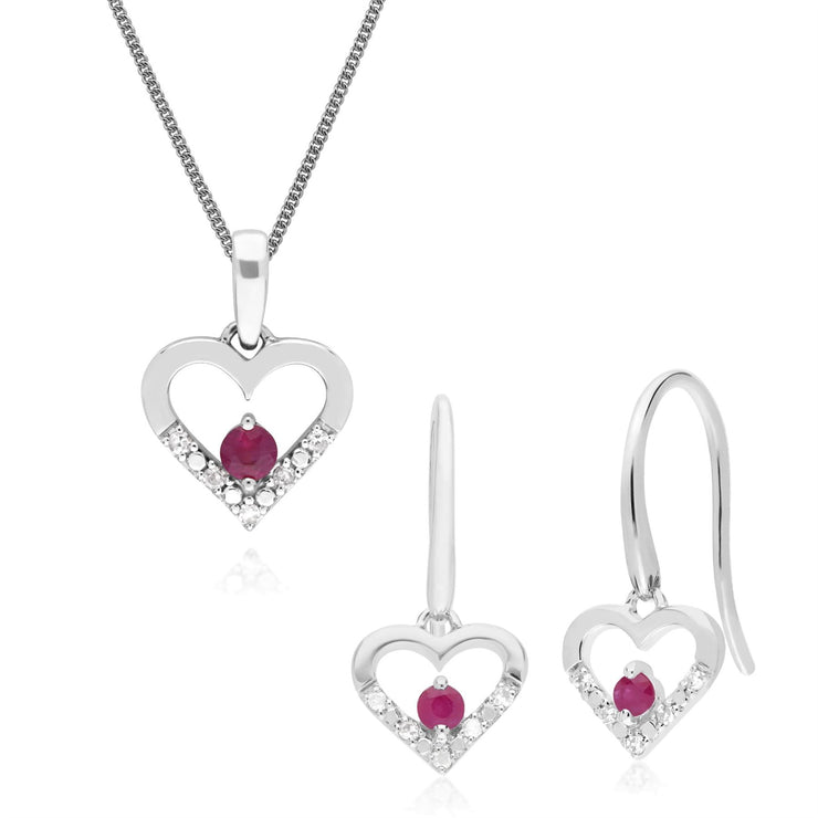 Boucles d'Oreilles Pendantes et Pendentif Cœur Classique Or Blanc 375 Rubis et Diamant