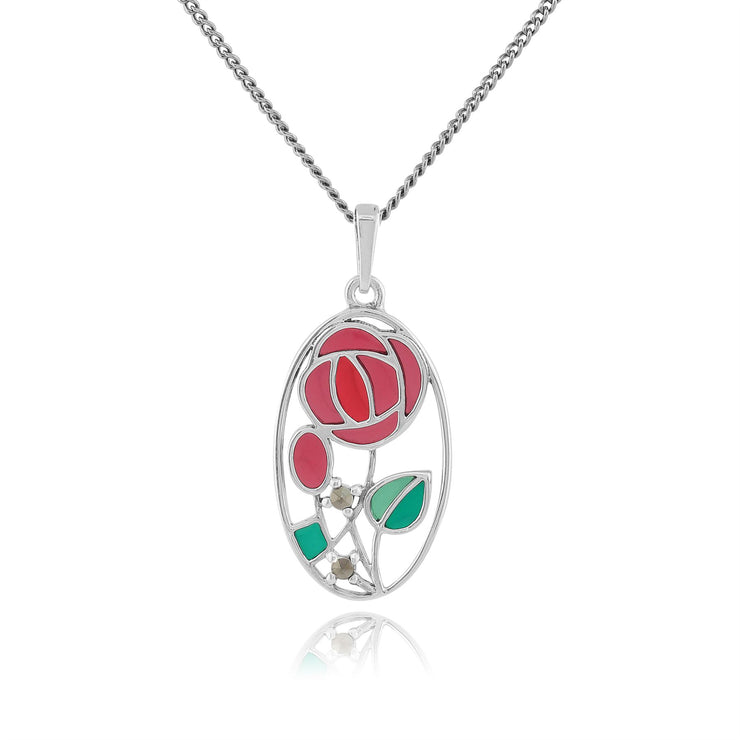 Collier et Boucles d'Oreilles Pendantes Style Rennie Mackintosh Argent 925 Rose de Glasgow Oval Email