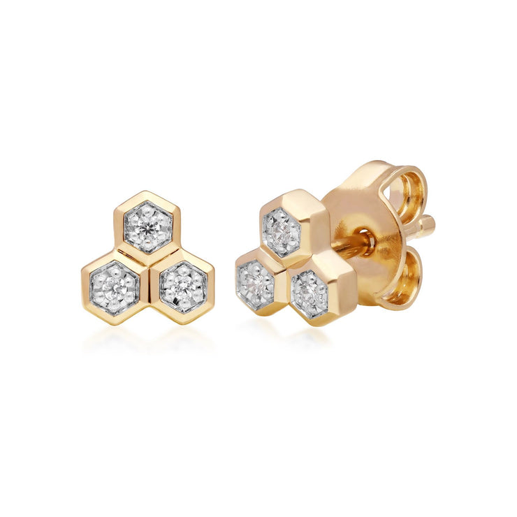 Collier et Boucles d'Oreilles Clou Trilogie Diamant Or Jaune 375 Diamant