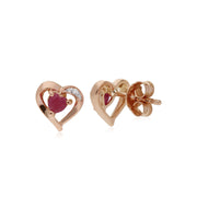 Rubis Boucles D'Oreilles, 9 CT or Rose Naturel Rubis & Diamant Boucles D'Oreilles Puces Coeur